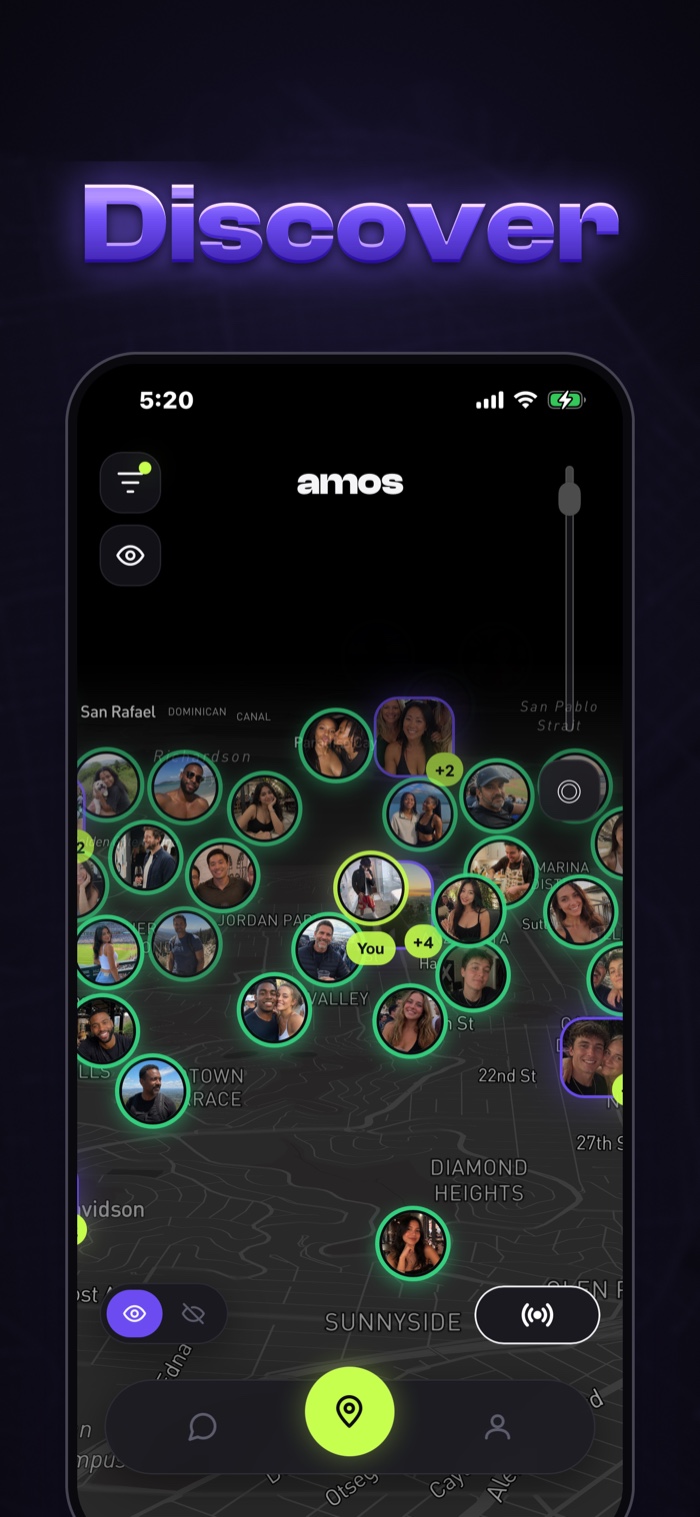 Amos Discover — live map of people nearby