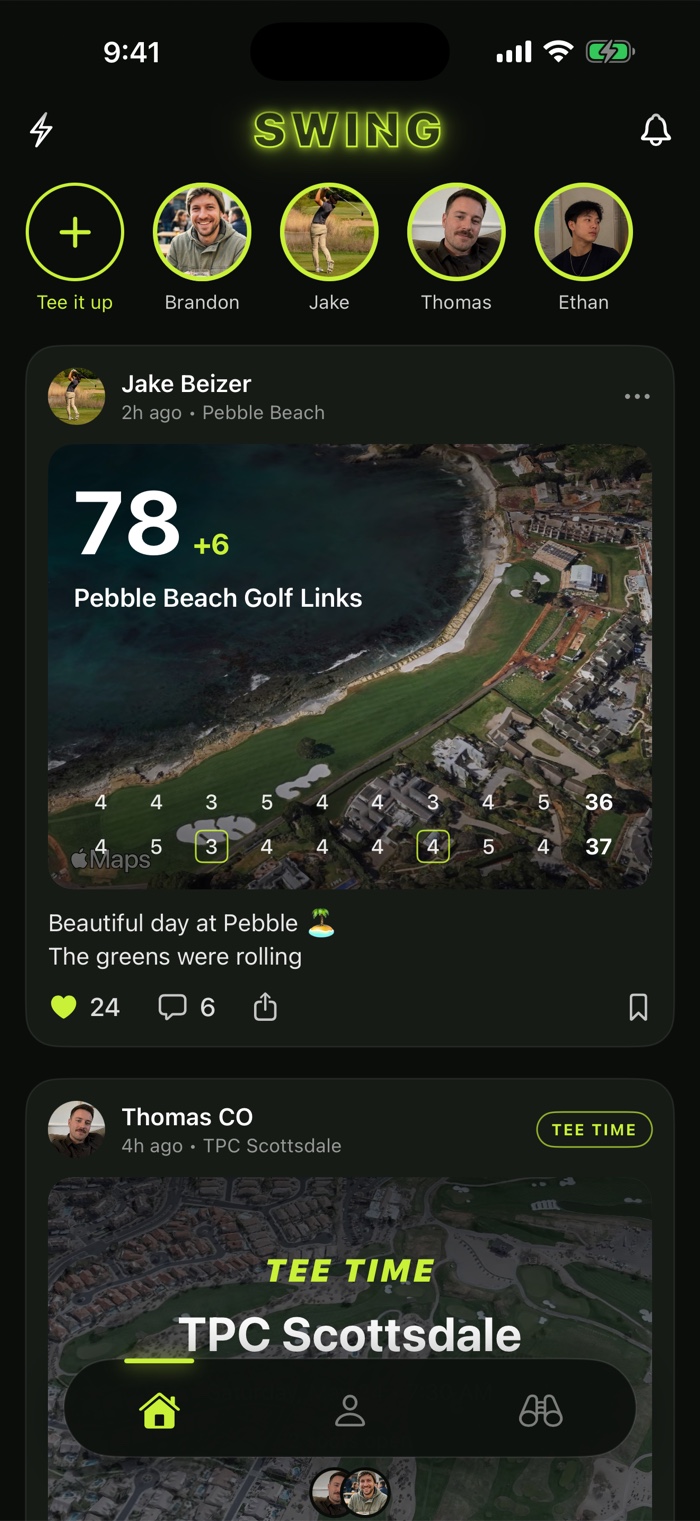 Swing feed — rounds posted with scores and course flyovers