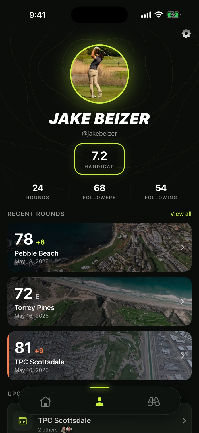 Swing profile — handicap, rounds and recent scores