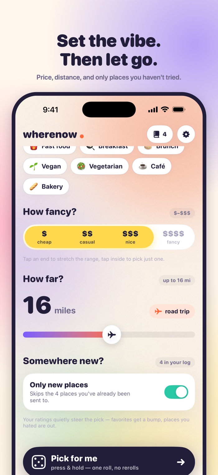 WhereNow — filters and the one-roll picker