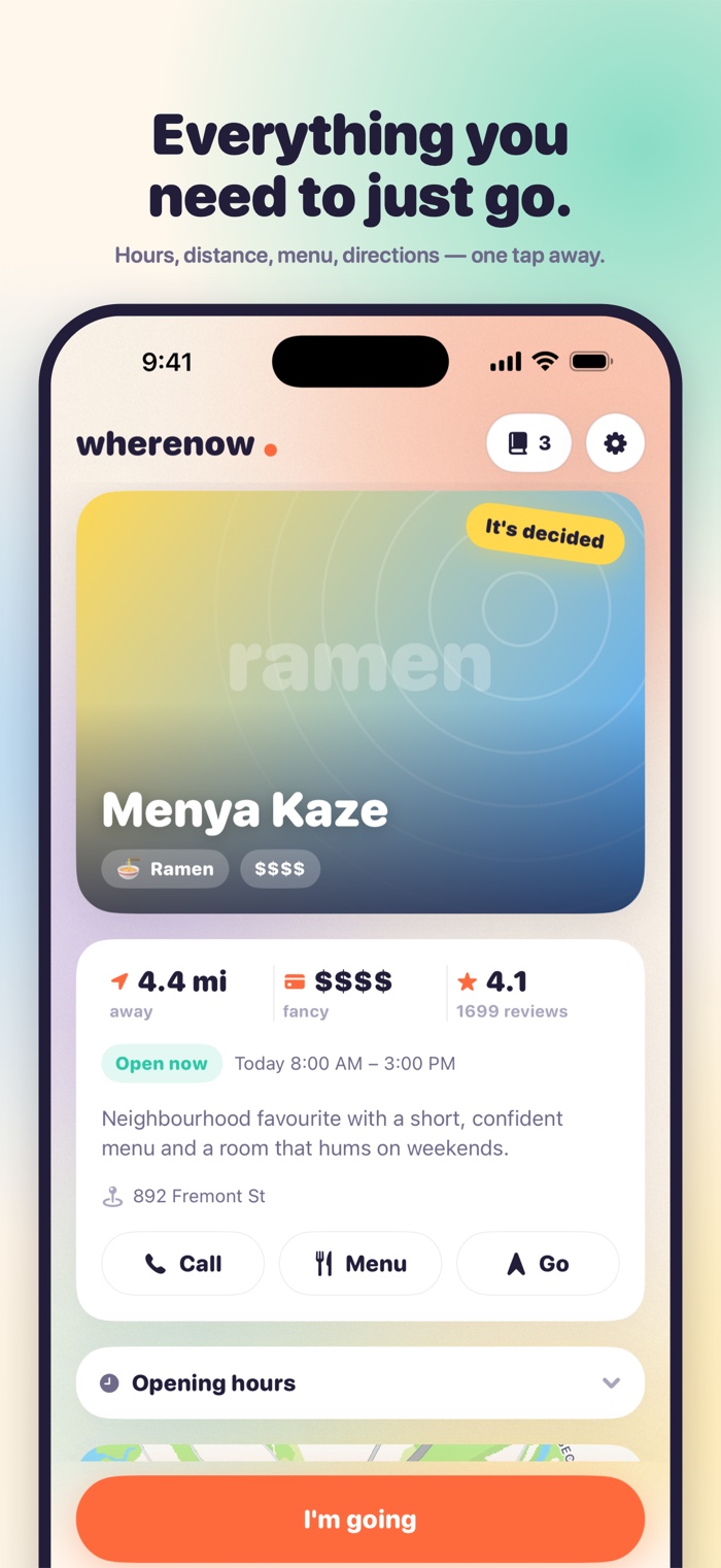 WhereNow — the pick, with hours, menu and directions
